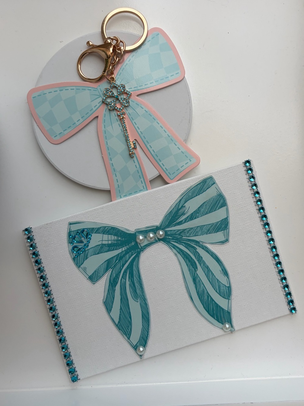 Teal Bow Key & Card Holder Set with Gold Hardware